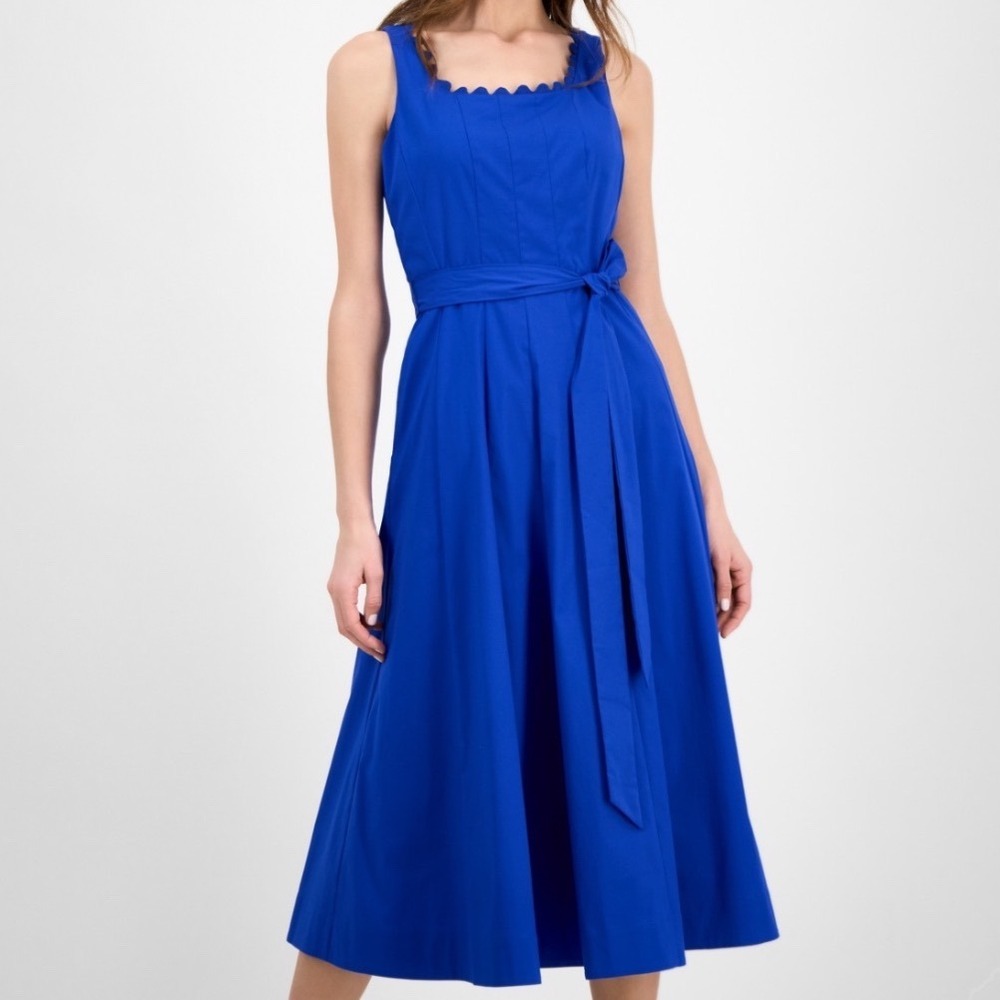 Anne Klein Midi Dress Women 10 NEW Scalloped Tie Waist Palace Blue MSRP $149